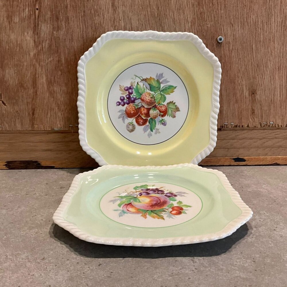 2 Vintage Johnson Bros Old English Plates With Fruit Pattern, Square Salad Plate